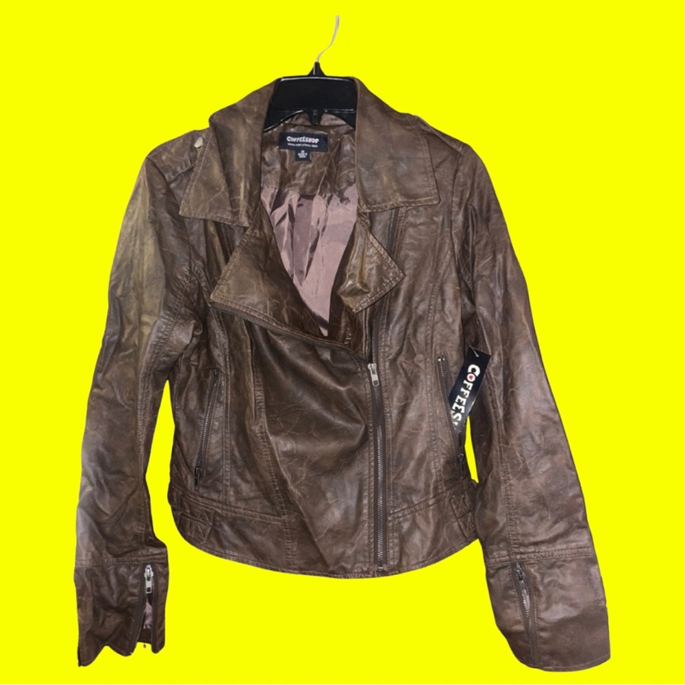 NET- brown faux leather distressed moto jacket